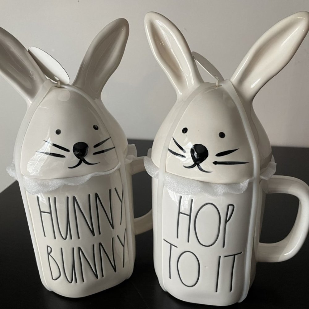 Rae Dunn "HUNNY BUNNY and HOP TO IT" Mugs w/Topper